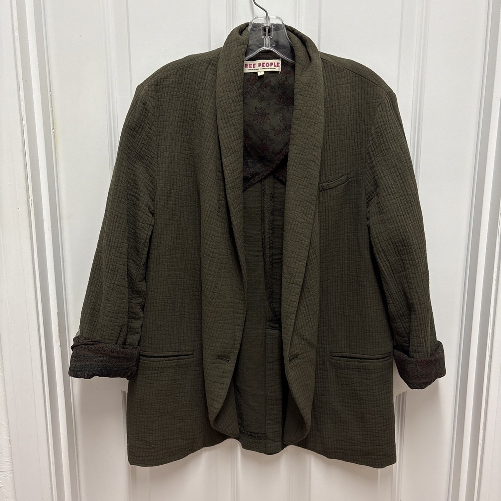 Free People Rowan Blazer Small Olive Green Cotton Boho Oversized Button - Small